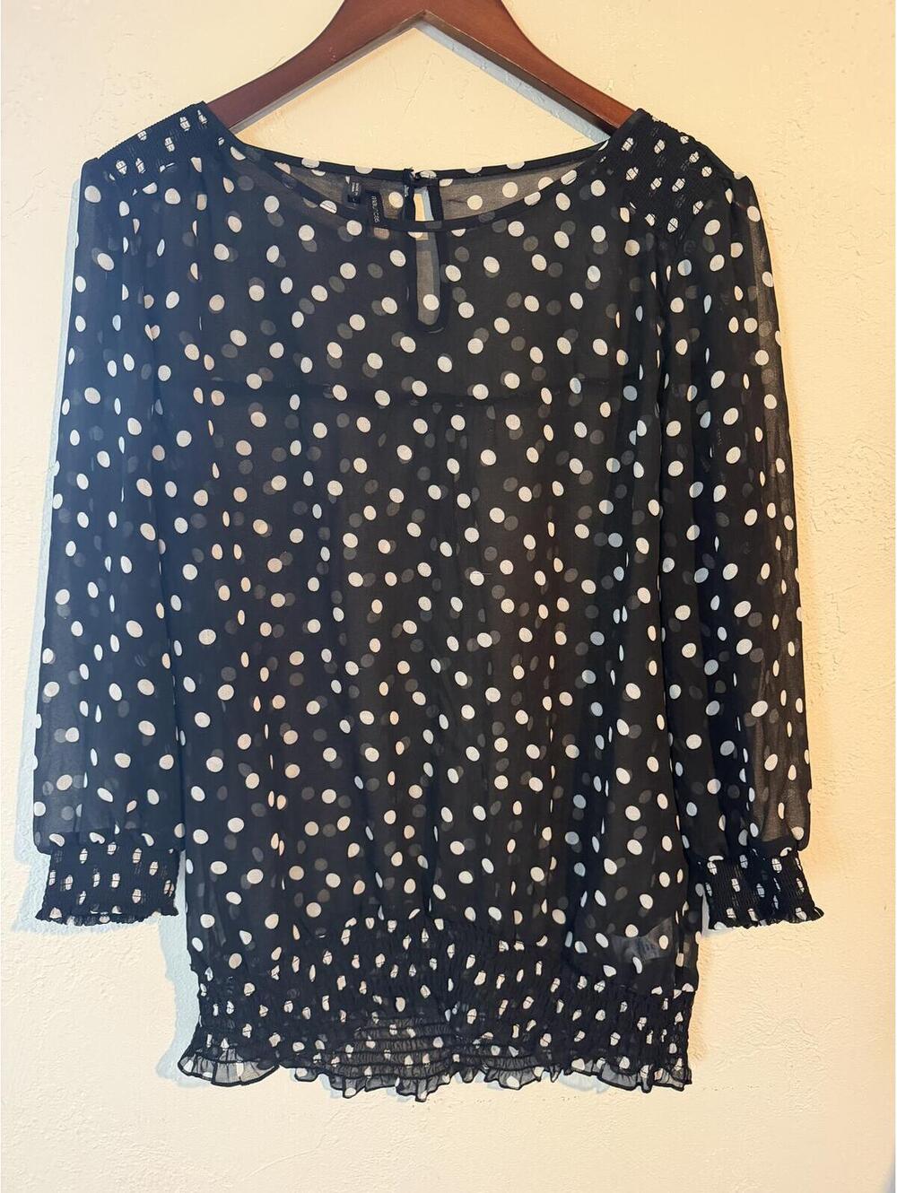 Sheer Black Polka Dot Blouse Romantic Flowy Long Sleeve Women’s Large